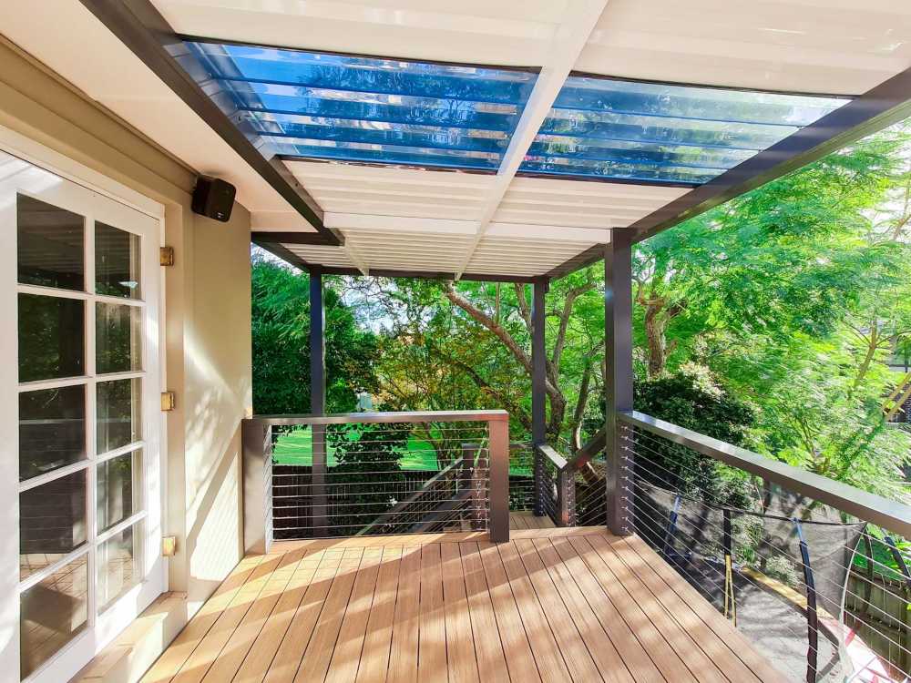 Flat Single Skin Colorbond Awning & Deck with Ekodeck Designer Series & Aluminium Stainless Steel Cable Balustrade at Denistone West-4